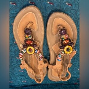 SIKETU Tan Beaded T-strap Thong Sandals with Elastic Slingback